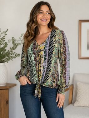 INC International Concepts Mixed Print Tie Front Boho Blouse XL  EUC